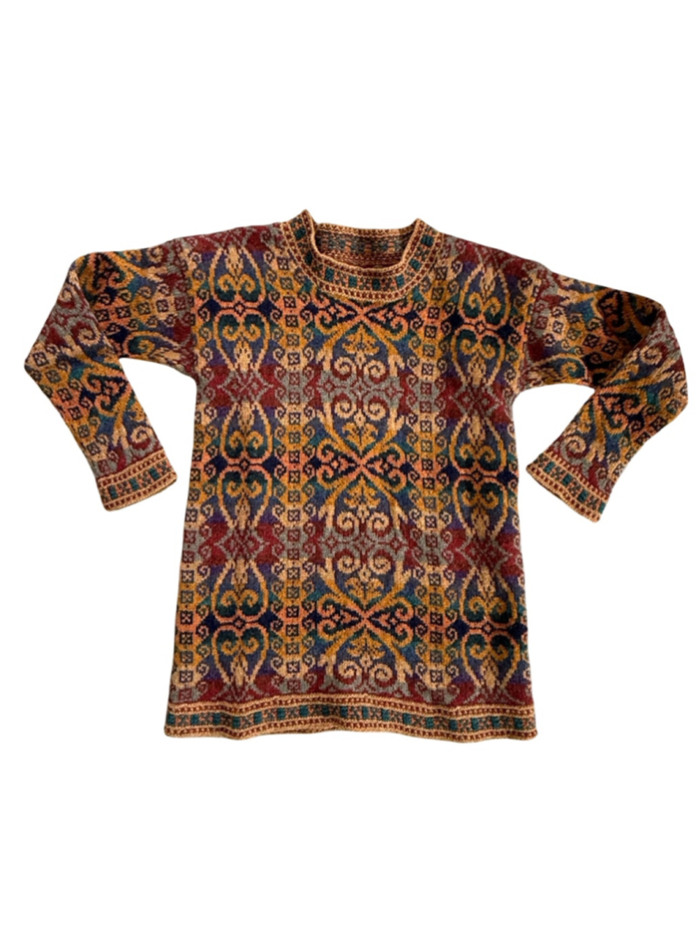 Vintage Hand Knit Wool Patterned Sweater Fair Isle Intarsia Tapestry Pullover